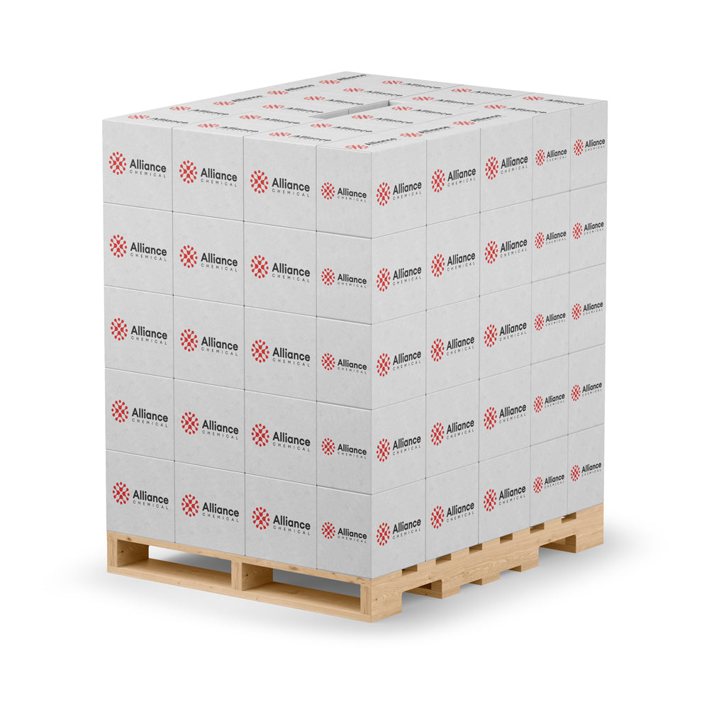Pallet of 25% ACS-grade hydrogen peroxide in stacked white containers with Alliance Chemical branding on wooden pallet, industrial packaging.